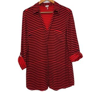 Splendid Top Button Up Collard Roll Tab Orange & Navy Striped Women’s Size Large